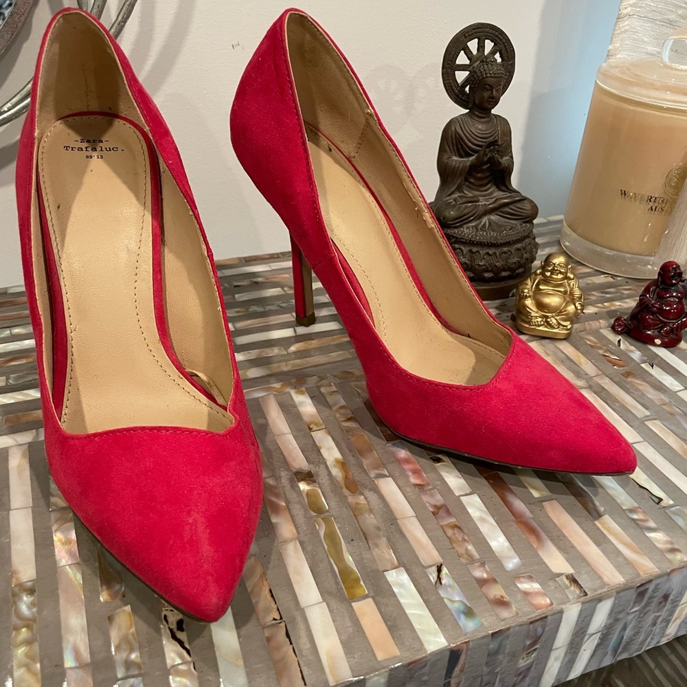 Zara Red Heels Suede Pointed Toe
